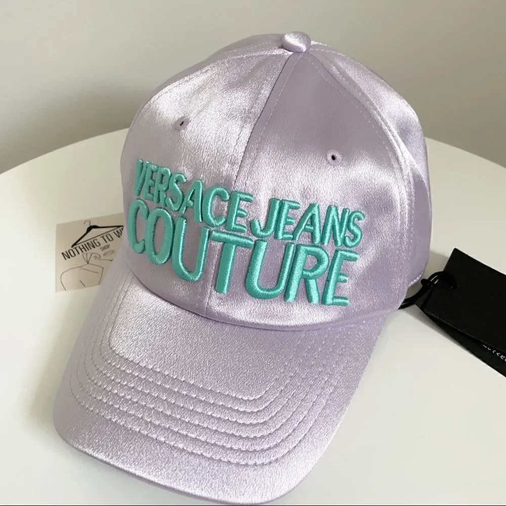 ⭕️ VERSACE JEANS Cap Hat Satin Designer Purple Turquoise Logo